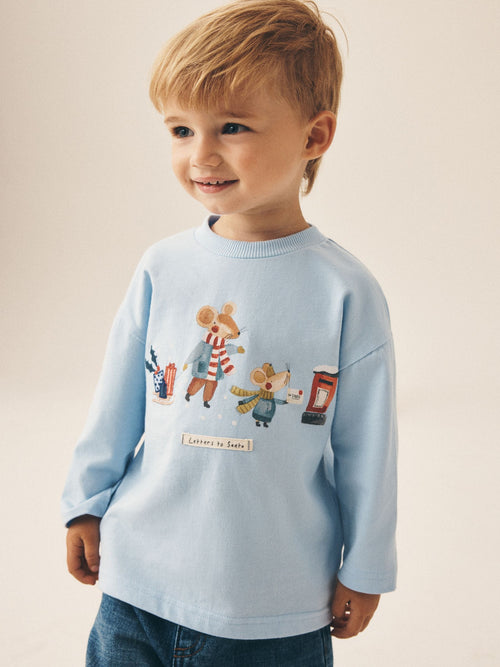 Light Blue Embroidered Letter to Santa Mouse Long Sleeve Christmas T-Shirt (3mths-7yrs)