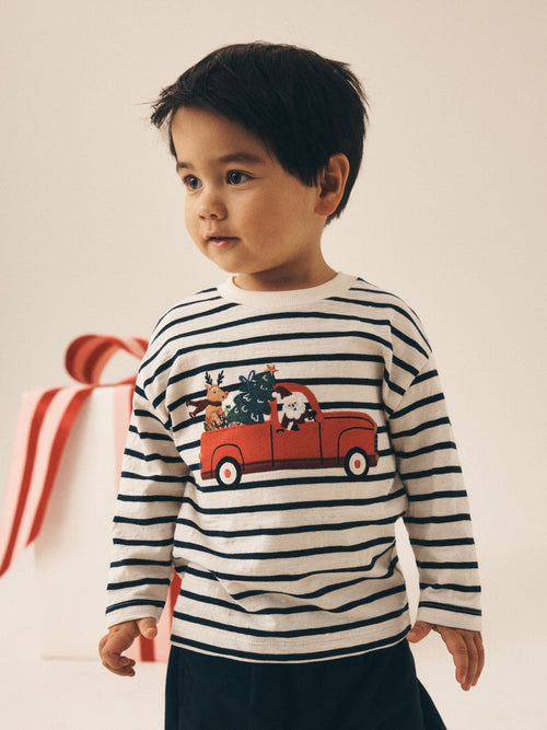 Navy/White Stripe Applique Santa Car Long Sleeve Christmas T-Shirt (3mths-7yrs)
