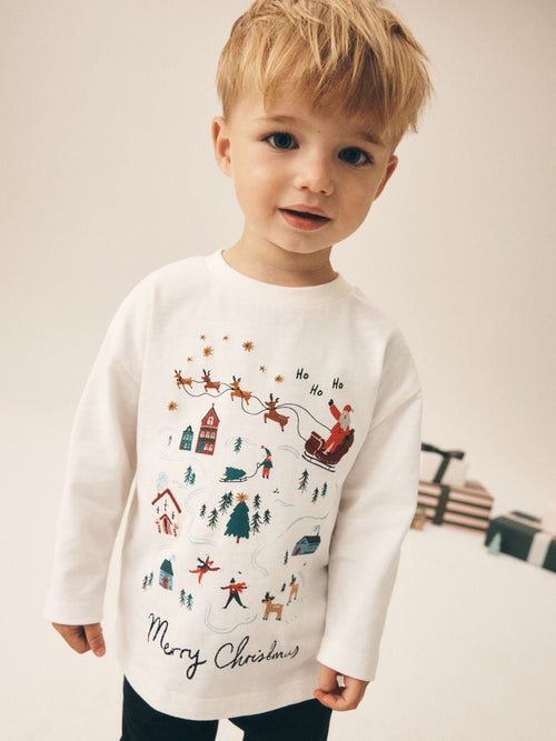 Cream/White Embroidered Scene Long Sleeve Christmas T-Shirt (3mths-7yrs)