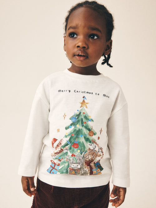 White Hamish Watercolour Long Sleeve Christmas T-Shirt (3mths-7yrs)