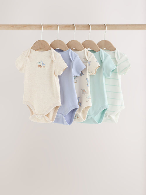 Neutral Dinosaur Short Sleeve Baby Bodysuits 5 Pack