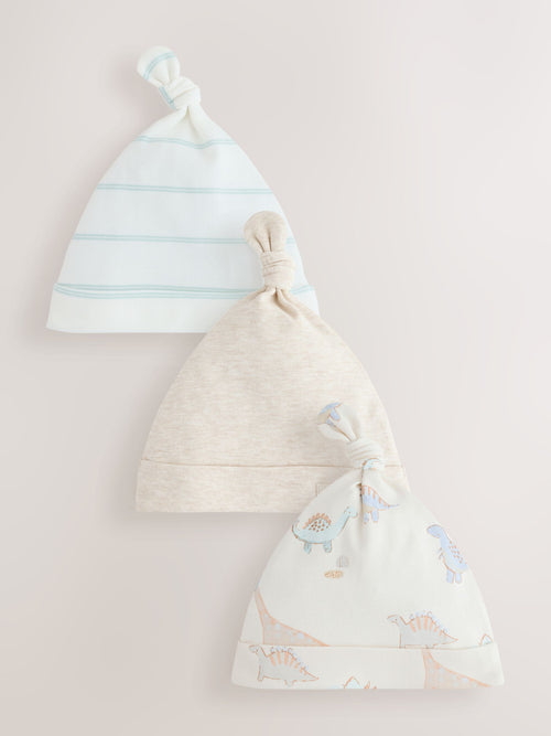 Neutral Dinosaur Tie Top Baby Hats 3 Pack (0-18mths)