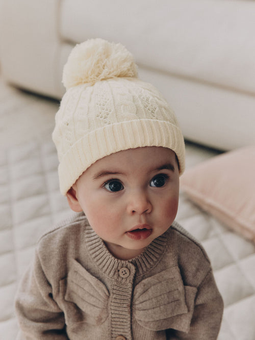 Cream Cable Knitted Pom Baby Beanie Hat
