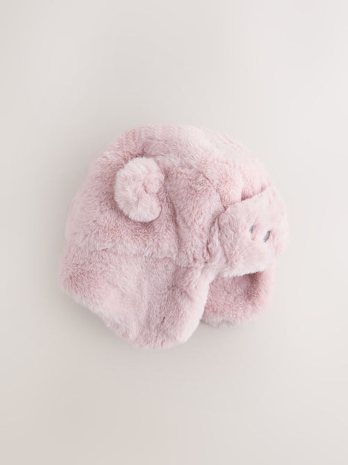 Pink Bear Embroidered Faux Fur Trapper Baby Hat