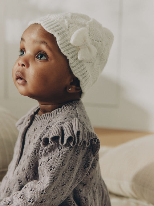 Cream Pointelle Knitted Bow Baby Beanie