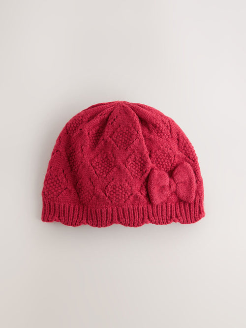 Red Pointelle Bow Knitted Bow Baby Beanie