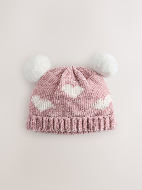Pink Heart Embroidered Chenille Double Pom Baby Beanie