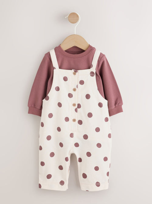 Brown/Cream Spot Baby Long Sleeve Bodysuit And Woven Dungarees Set 2 Piece (0mths-2yrs)