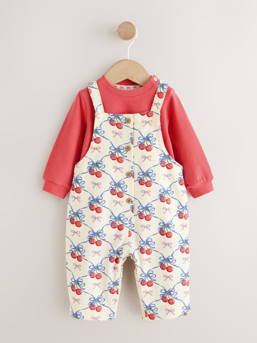 Ecru Cherry Baby Long Sleeve Bodysuit And Woven Dungarees Set 2 Piece (0mths-2yrs)