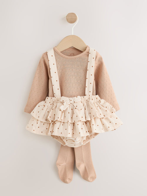 Ecru/Brown Spot Baby Long Sleeve Bodysuit Bubble Skirt And Tights Set 3 Piece (0mths-2yrs)