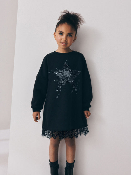 Black Lace Hem Sequin Jumper Dress (3-16yrs)
