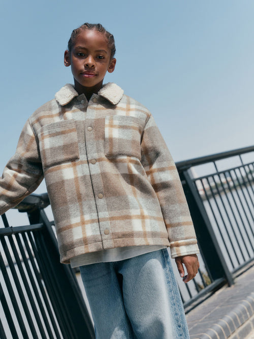 Neutral Check Borg Lined Shacket (3-16yrs)