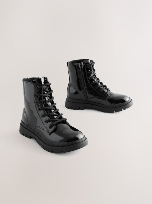 Black Patent Standard Fit (F) Warm Lined Lace-Up Boots