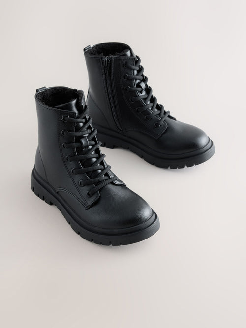 Black Matt Wide Fit (G) Warm Lined Lace-Up Boots