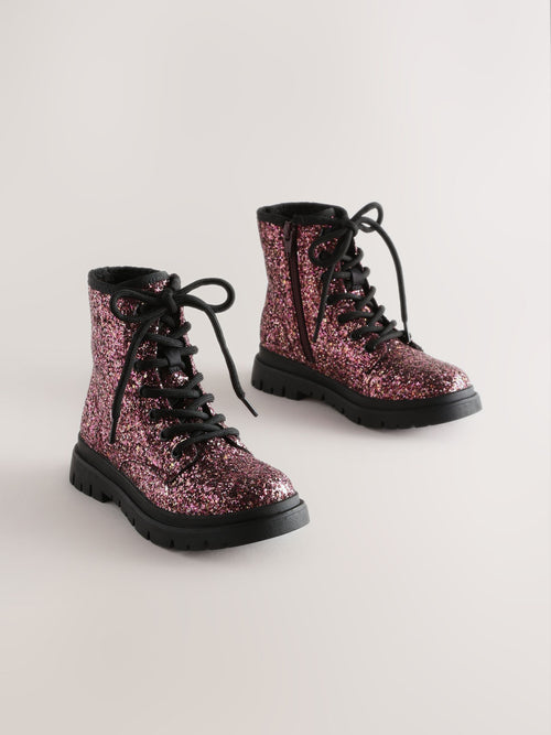 Pink Glitter Wide Fit (G) Warm Lined Lace-Up Boots