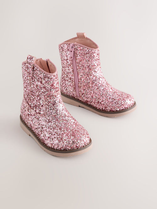 Pink Glitter Standard Fit (F) Western Ankle Boots