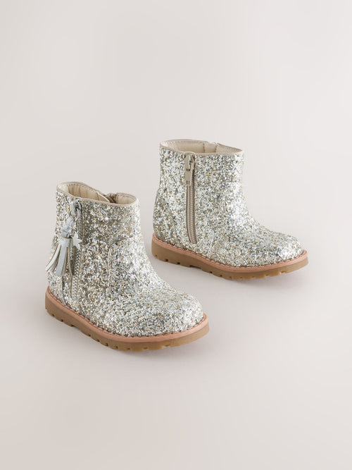 Silver Glitter Wide Fit (G) Chelsea Zip Tassel Ankle Boots