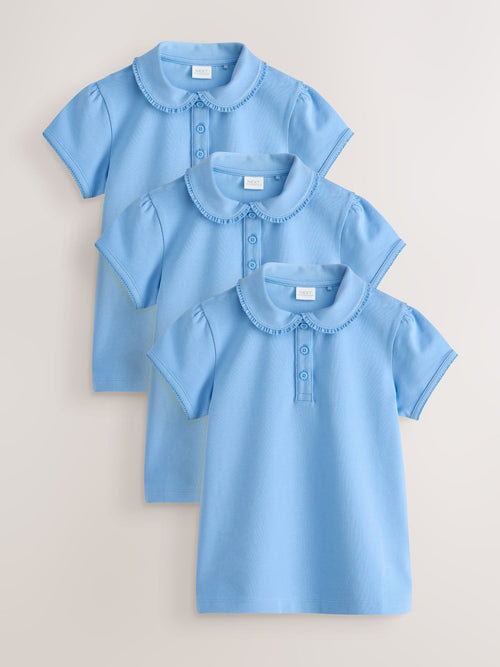Blue Cotton Stretch Frill Collar School Polo Tops 3 Pack (3-14yrs)