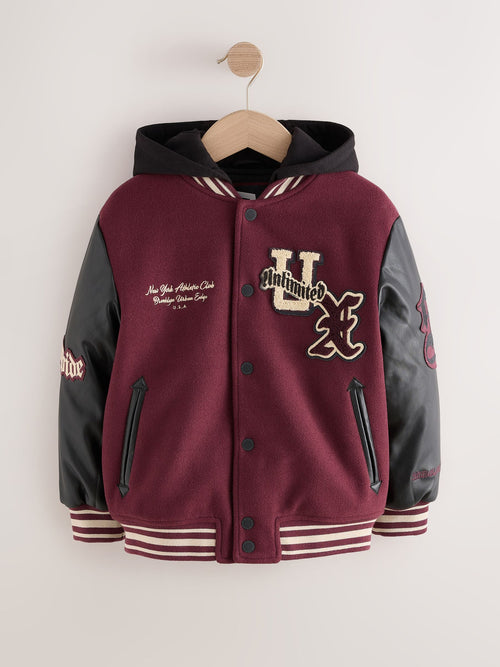 Burgundy Red Varsity Faux Leather Hooded Jacket (6-16yrs)