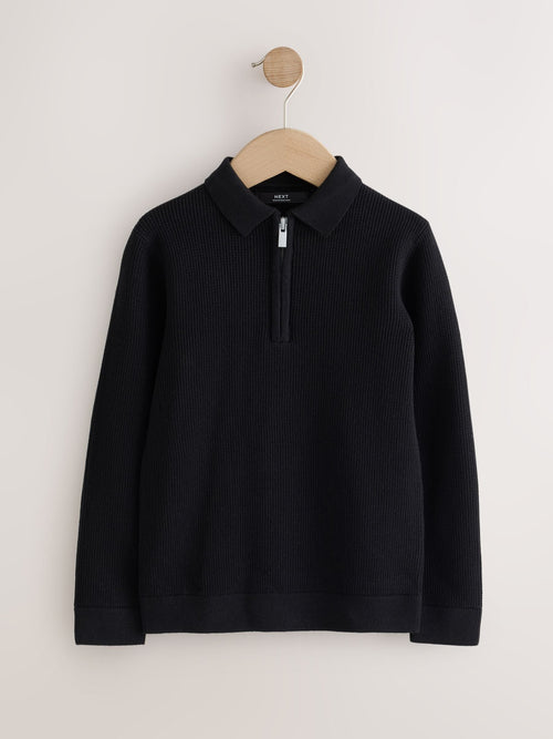 Black Knitted Zip Neck Polo Shirt (3-16yrs)