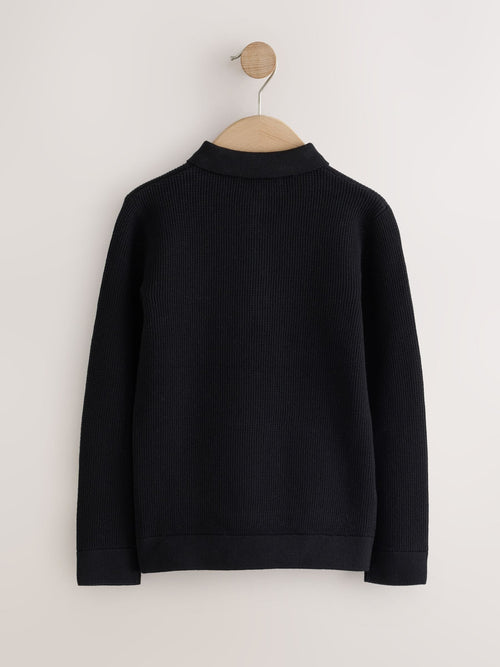 Black Knitted Zip Neck Polo Shirt (3-16yrs)