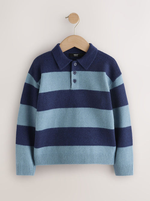 Blue/Navy Stripe Knitted Rugby Polo Shirt (3-16yrs)