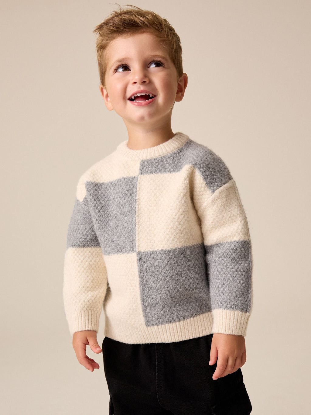 Grey/White Checkerboard Knit Crew Neck Jumper (3mths-7yrs)