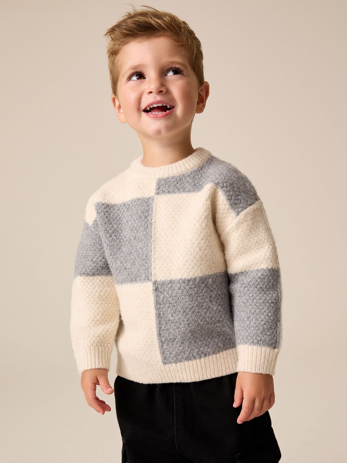 Grey/White Checkerboard Knit Crew Neck Jumper (3mths-7yrs)