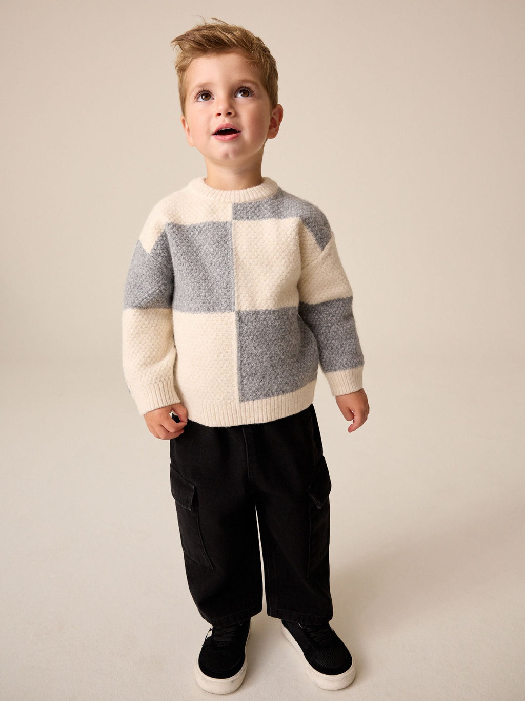 Grey/White Checkerboard Knit Crew Neck Jumper (3mths-7yrs)