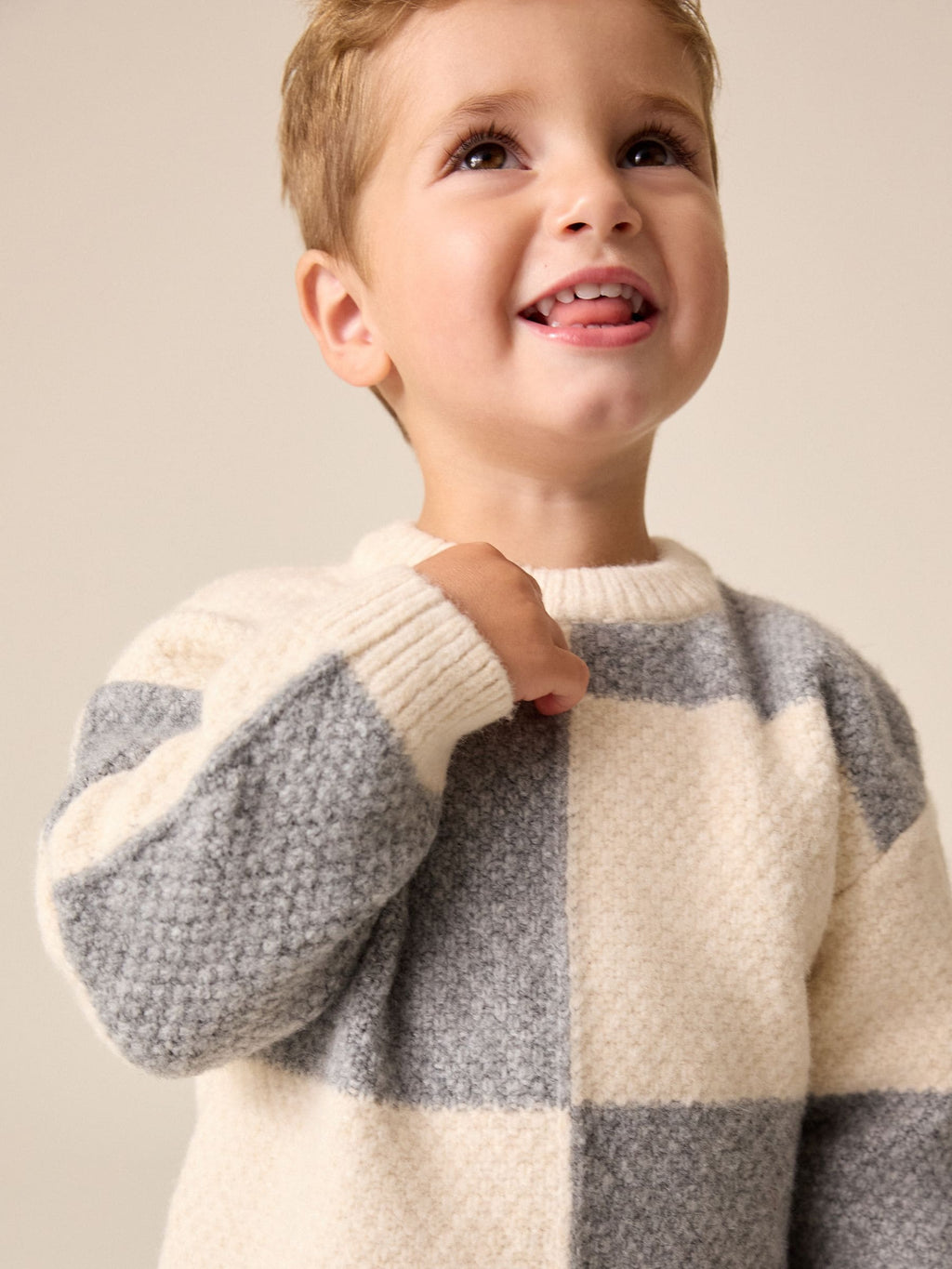 Grey/White Checkerboard Knit Crew Neck Jumper (3mths-7yrs)