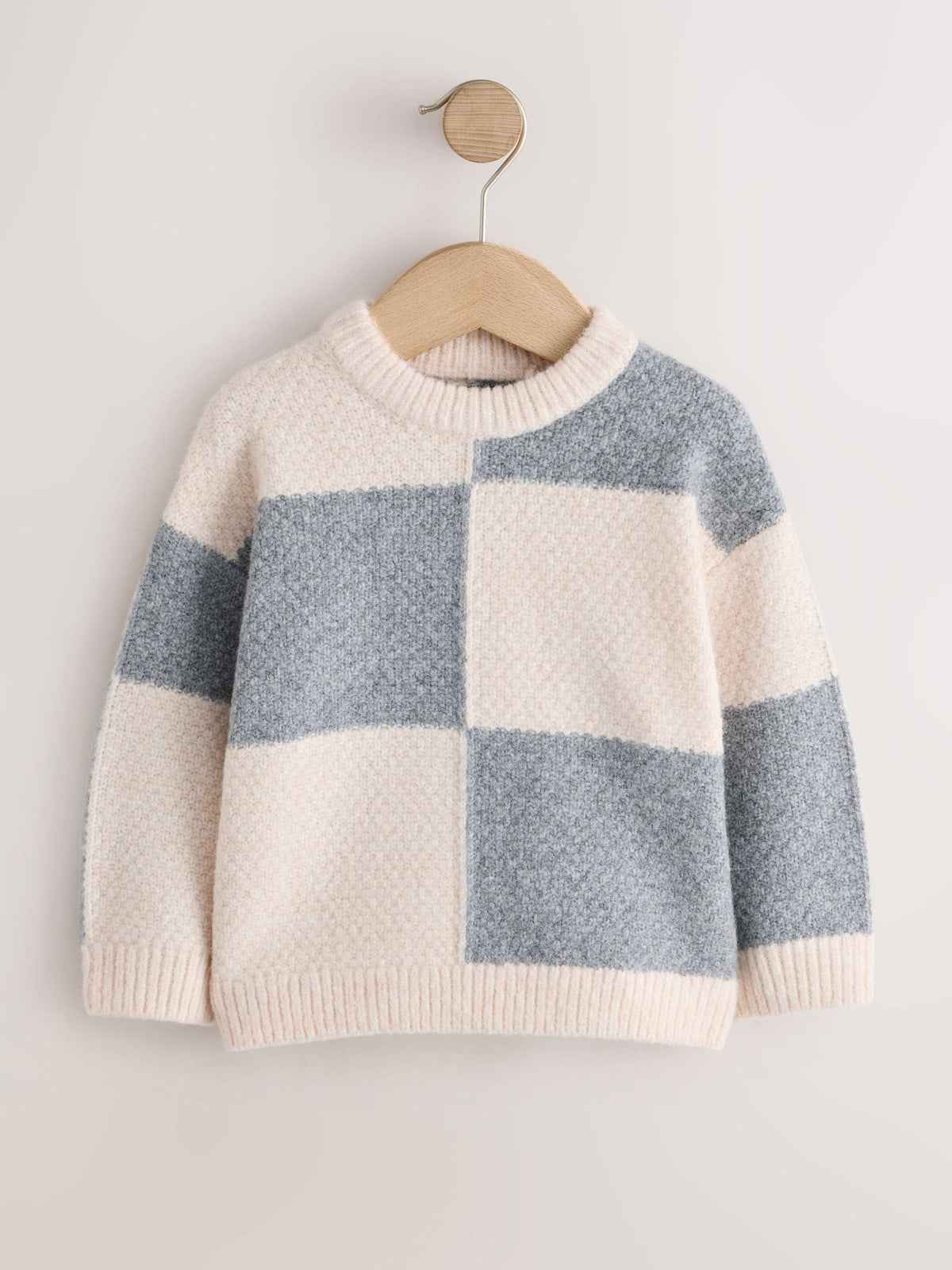 Grey/White Checkerboard Knit Crew Neck Jumper (3mths-7yrs)