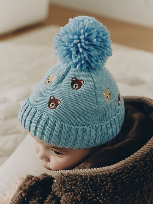 Blue Embroidered Knitted Baby Hat With Pom