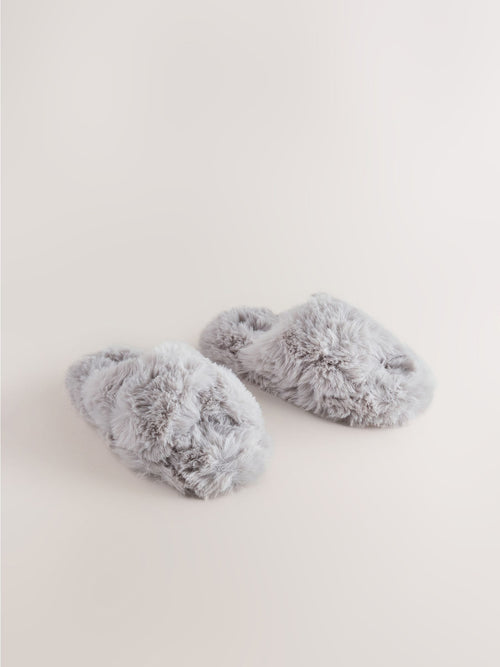 Grey Faux Fur Slipper Mules
