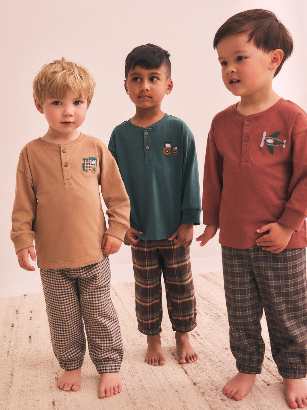 Tan/Teal/Rust Transport Check Woven Bottom Pyjamas 3 Pack (9mths-12yrs)