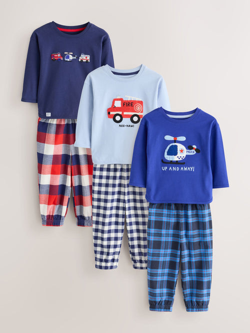 Blue/Navy Emergency Vechiles Check Woven Bottom Pyjamas 3 Pack (9mths-12yrs)