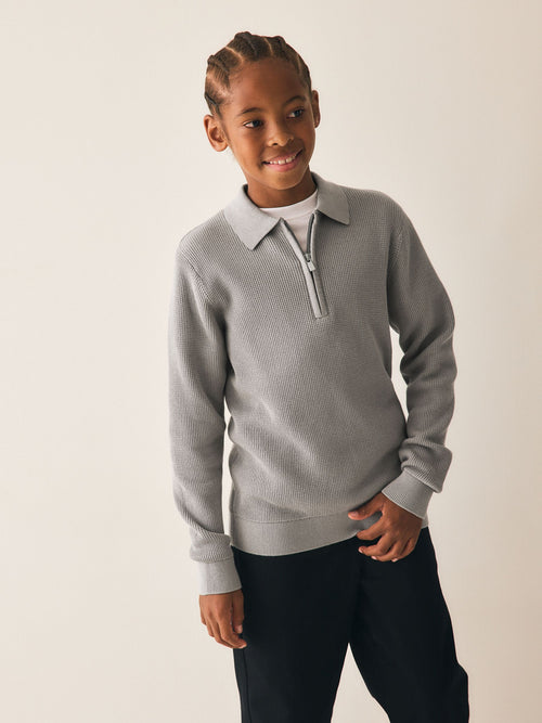 Grey Knitted Zip Neck Polo Shirt (3-16yrs)