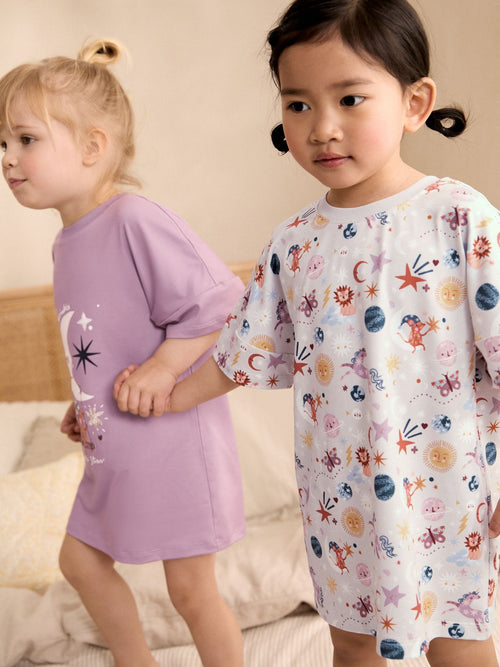 Pink/Cream Star/Moon Print Nighties 2 Pack (2-16yrs)