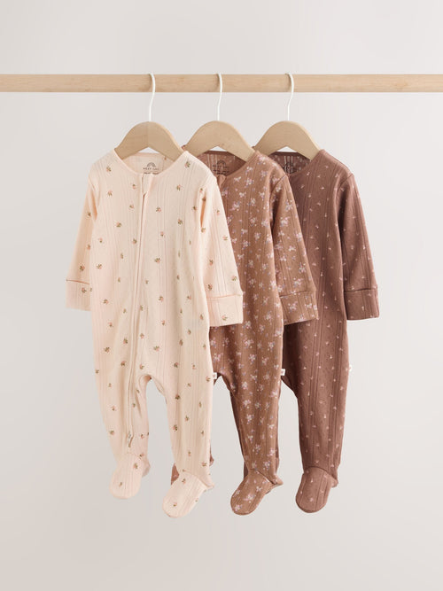 Brown Ditsy Floral Two Way Zip Baby Sleepsuits 3 Pack (0-3yrs)