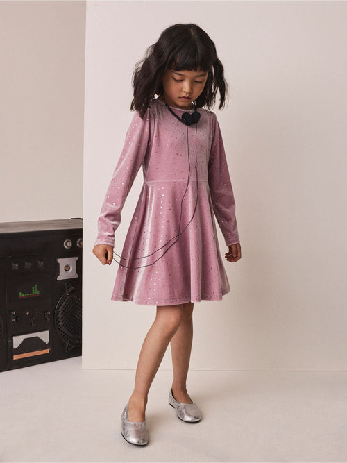 Pink Long Sleeve Velvet Sparkle Dress (3-16yrs)