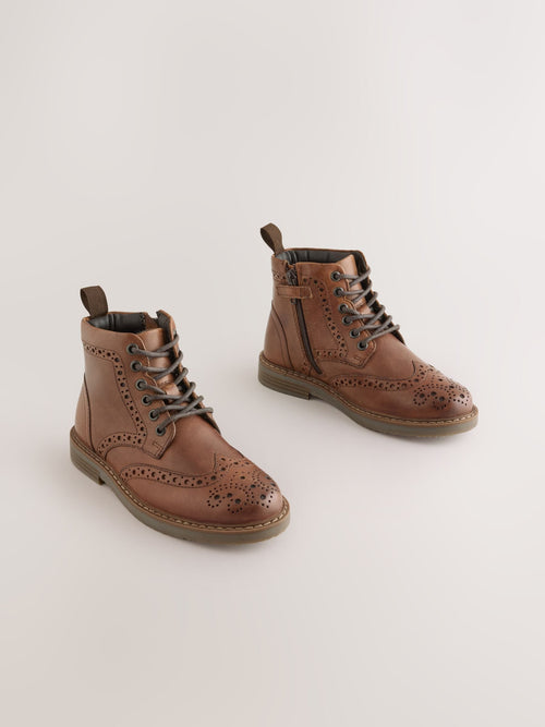 Tan Brown Leather Lace Up Brogue Boots