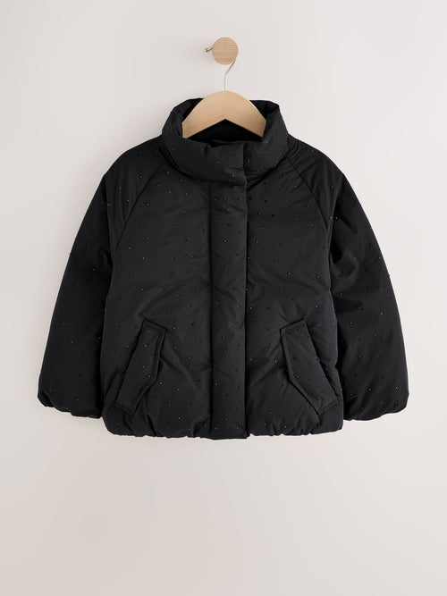 Black Diamanté Shower Resistant Padded Coat (3-16yrs)
