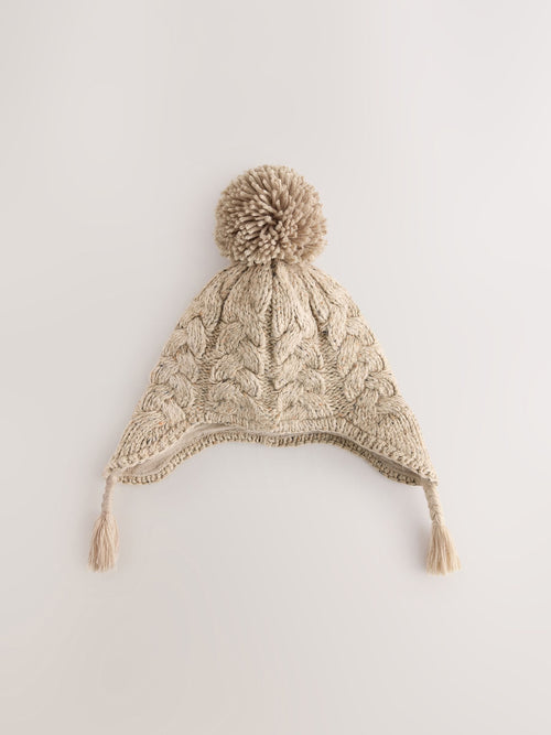 Oatmeal Cable Pom Knitted Trapper Hat (3mths-10yrs)