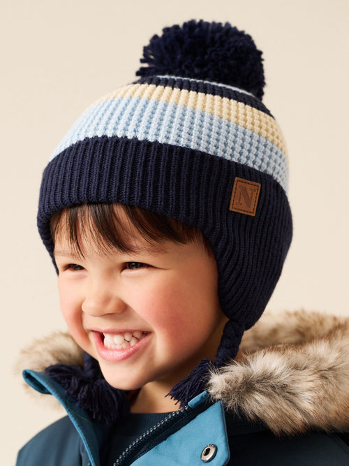 Navy/White stripe Pom Knitted Beanie Hat (3mths-13yrs)