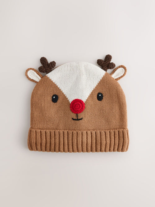 Navy/Stone Reindeer Novelty Xmas Kintted Beanie Hat (3mths-16yrs)