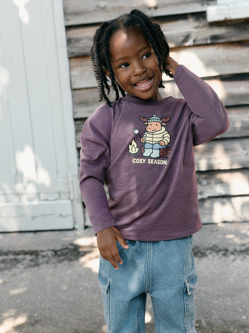 Burgundy Red Moose Cosy Season Long Sleeve Graphic T-Shirt (3mths-7yrs)