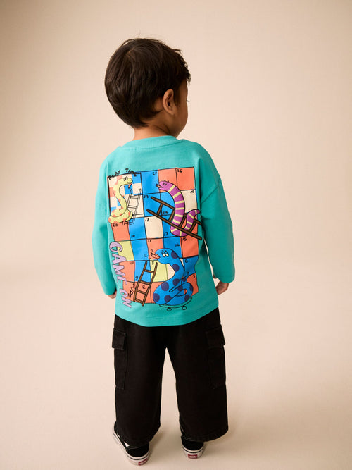 Teal Blue Snakes & Ladders Long Sleeve Back Graphic T-Shirt (3mths-10yrs)