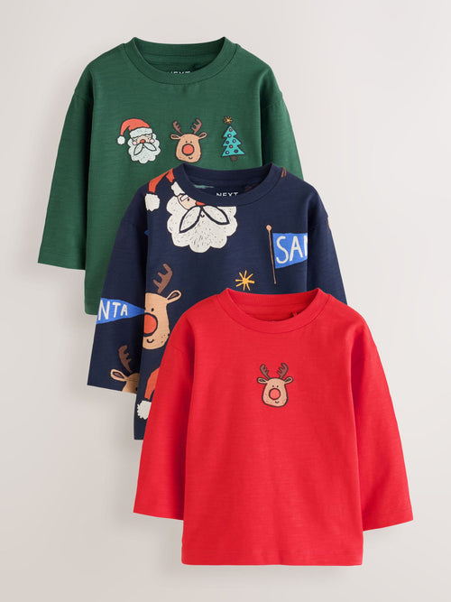 Navy/Red Long Sleeve Christmas T-Shirts 3 Pack (3mths-7yrs)