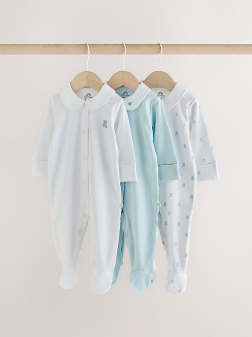 Pale Blue Collar Baby Sleepsuits 3 Pack (0-2yrs)