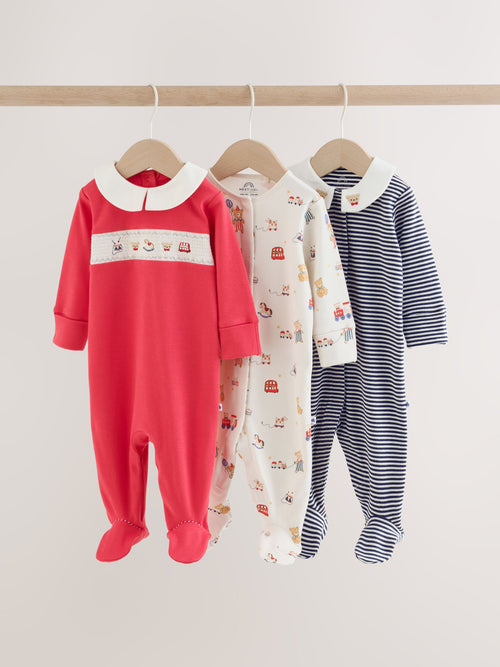 Cream/Red Collared Sleepsuits 3 Pack (0mths-2yrs)