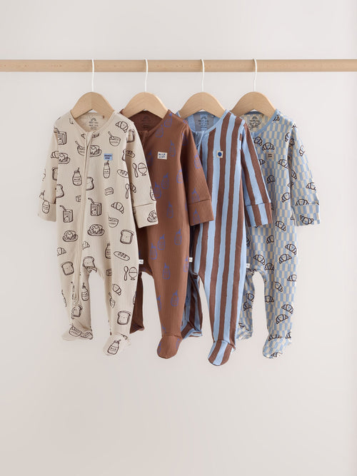 Blue/Brown Brunch Two Way Zip Baby Sleepsuits 4 Pack (0mths-2yrs)